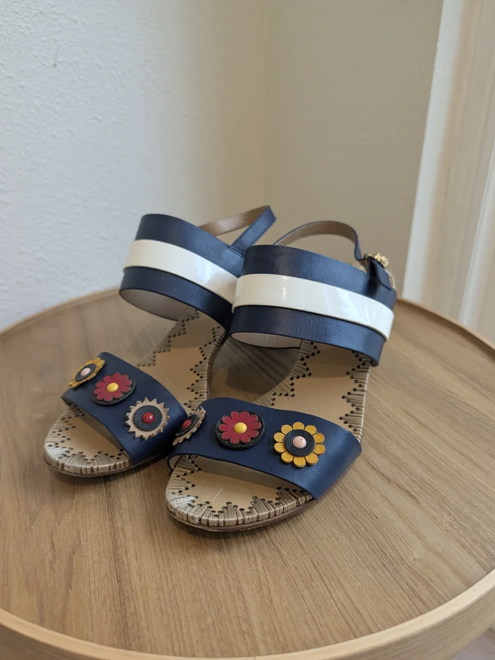 Tory Burch Navy and White Floral Appliqué Block Heel Sandals